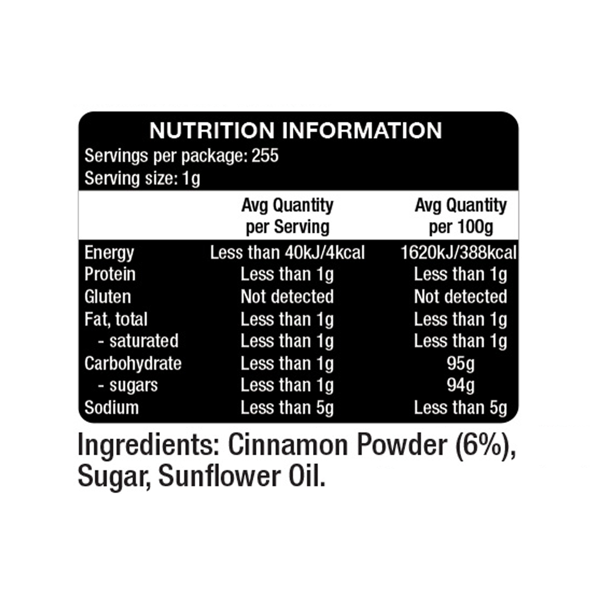 The Gourmet Collection Cinnamon Sugar Nutrition Info Panel